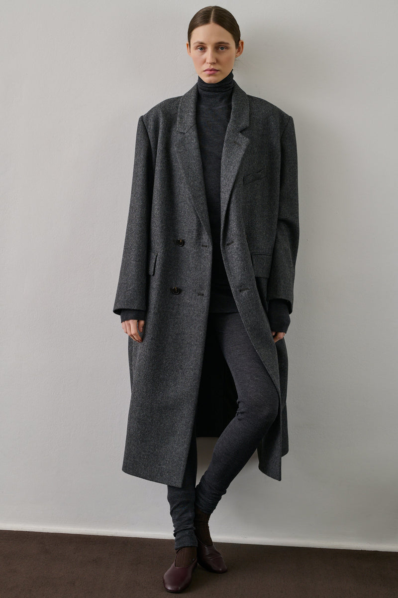 Elegant Grey Coligny Long Virgin Wool Coat - Straight Cut Double-Breasted Women's