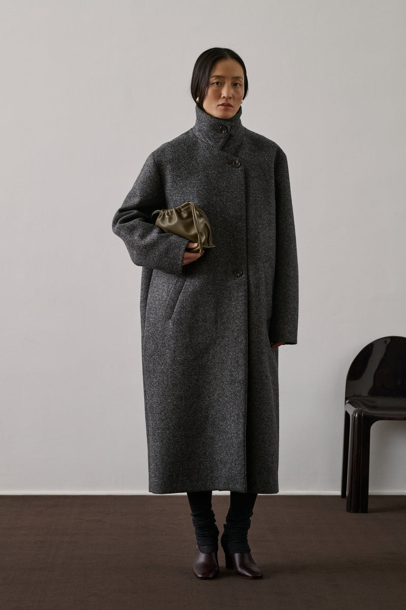 Elegant Grey Melange Wool Germain Coat for Women - Long, High Collar