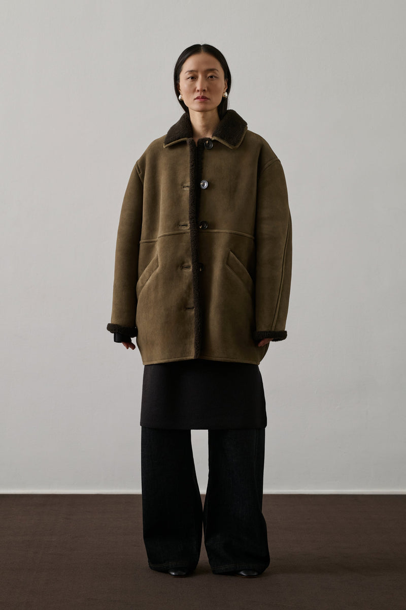 Women's Breda Taupe Lambskin Shearling Coat Loose Fit Warm Winter