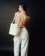 Chic Ivory Togo Leather Belted Tote Bag - Stylish Adjustable Shoulder Handbag