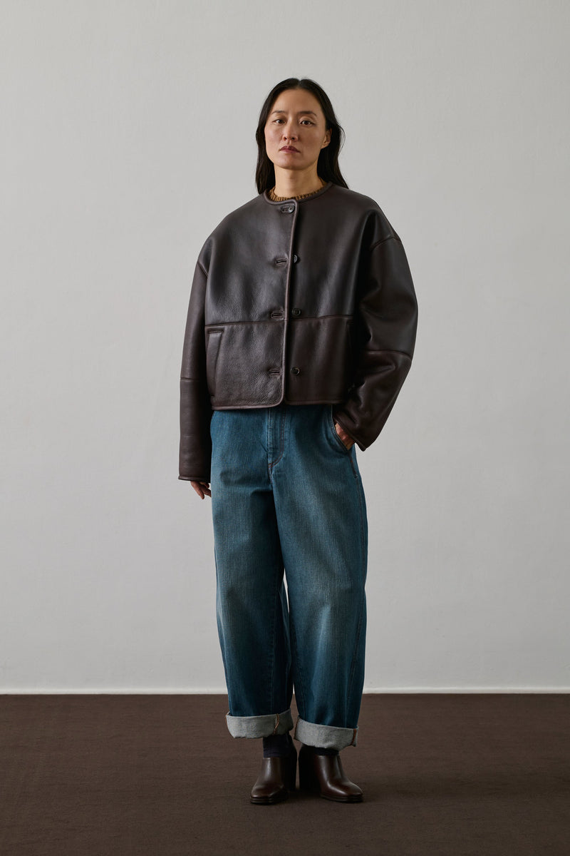 Luxurious Brown Leather Shearling Lamb Short Winter Bubble Coat for Women
