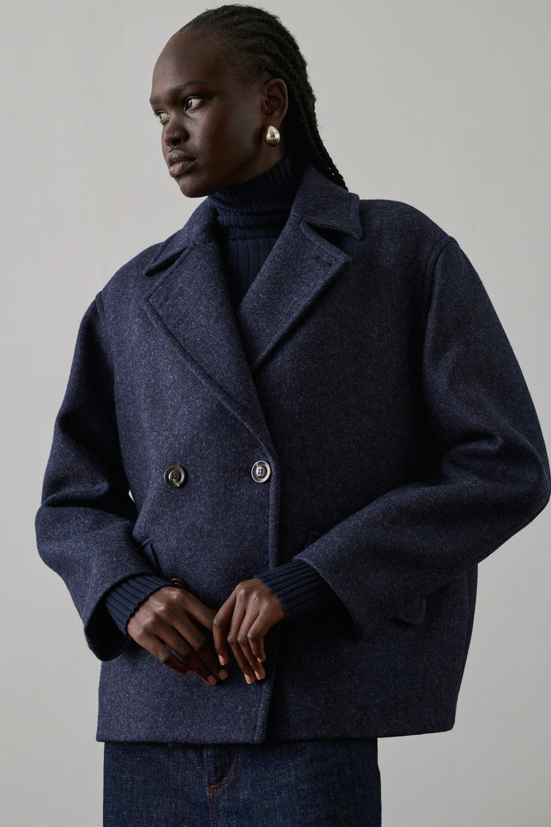 Chic Women's Heathered Wool Double-Breasted Naval Pea Coat Jacket