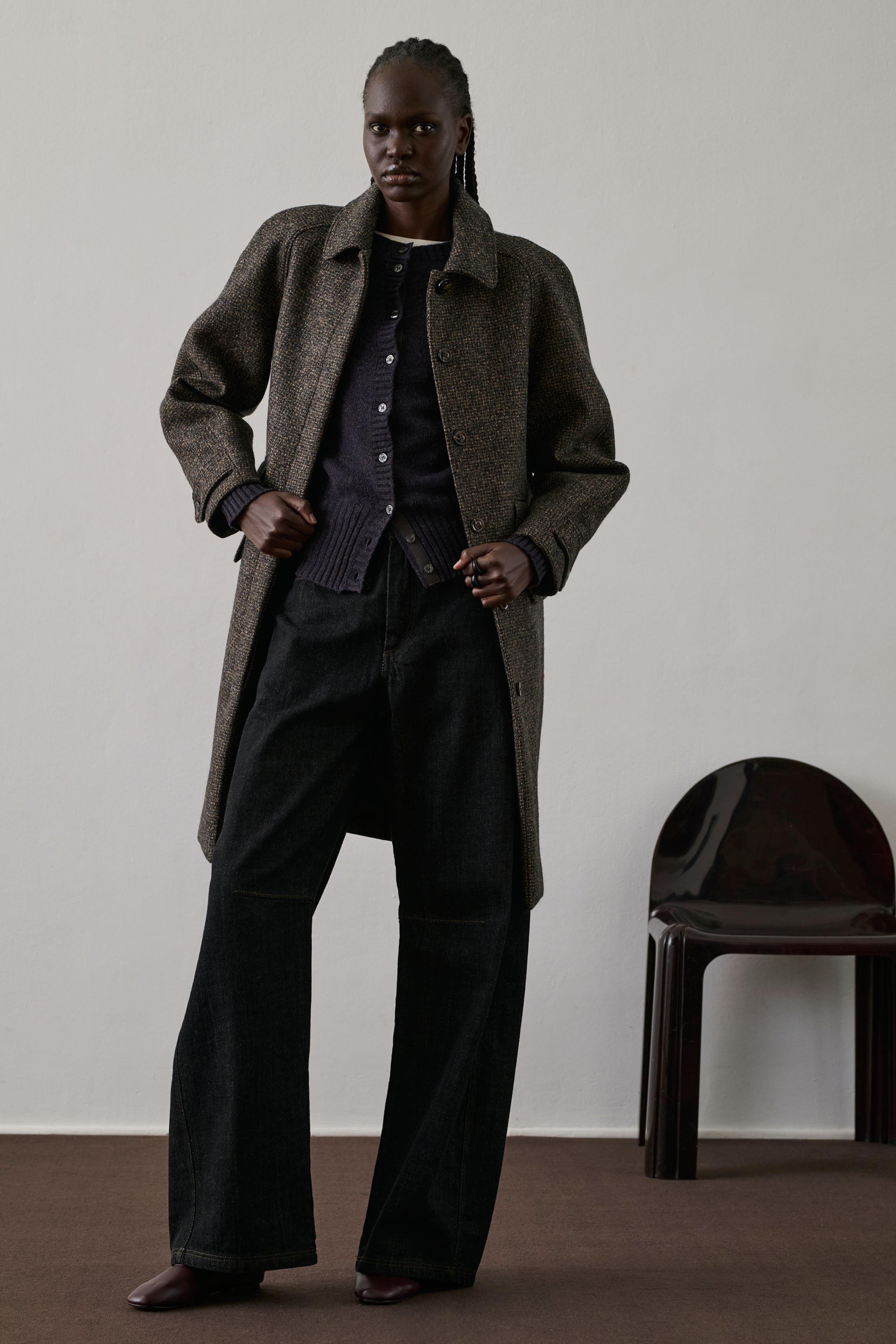 Chic Women&#39;s Simba Brown Speckled Virgin Wool Coat - Elegant Straight-Cut Long Sleeves