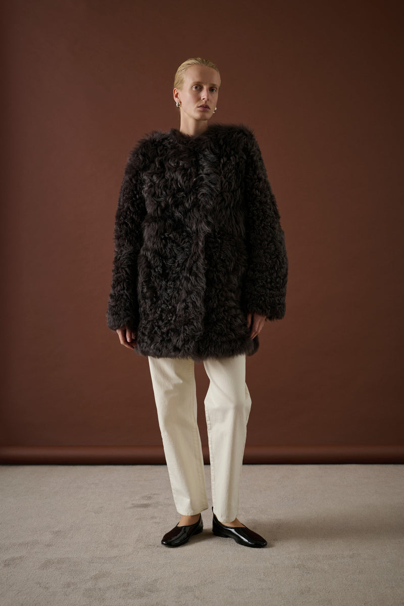 Luxurious Reversible Shearling Lambskin Coat - Dark Brown Sven Women's Jacket