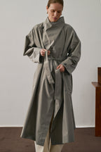 Chic Albatros Grey Wrap Trench Coat: Water-Repellent, Oversized Collar, Mid-Season Style