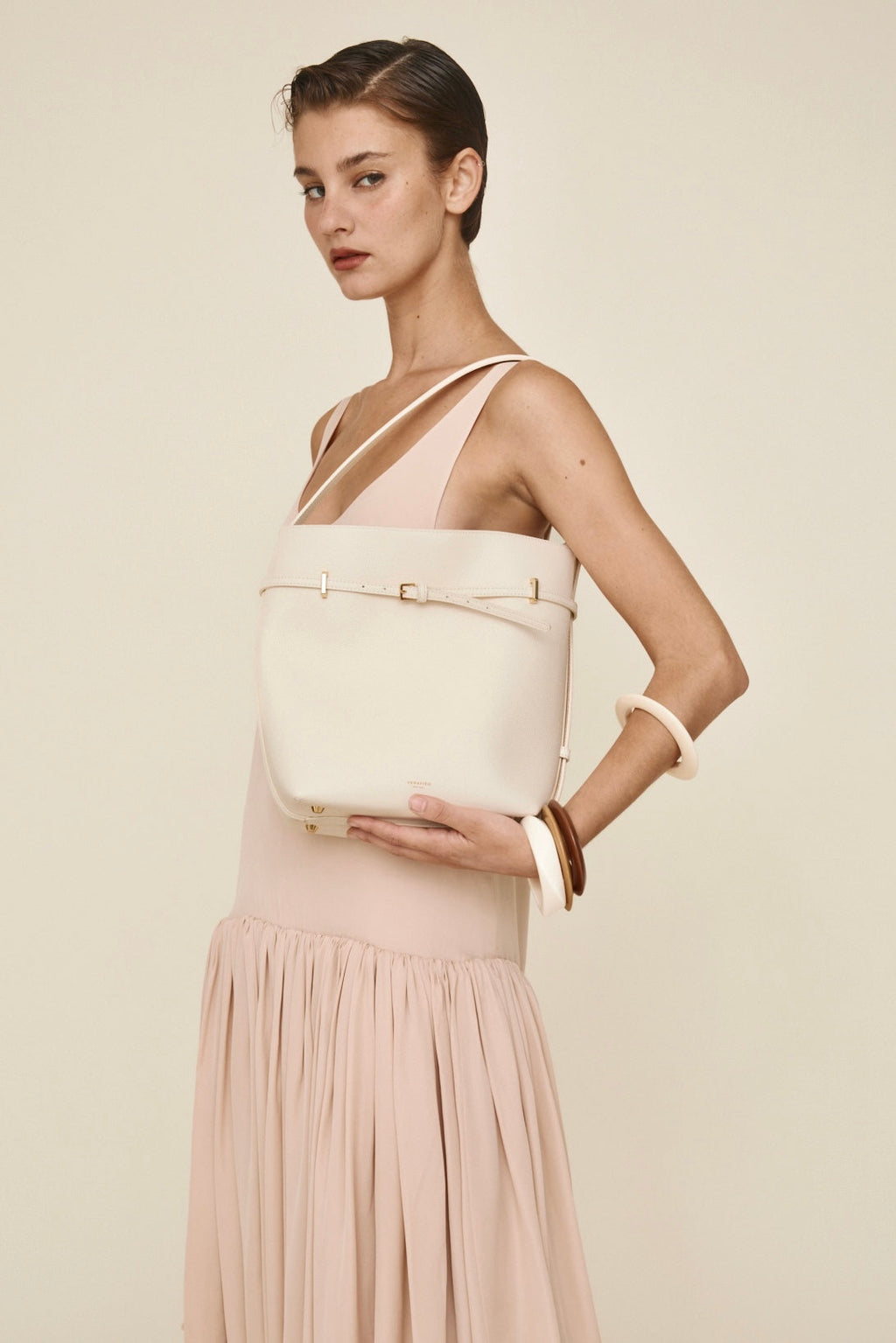 Chic Ivory Togo Leather Belted Tote Bag - Stylish Adjustable Shoulder Handbag