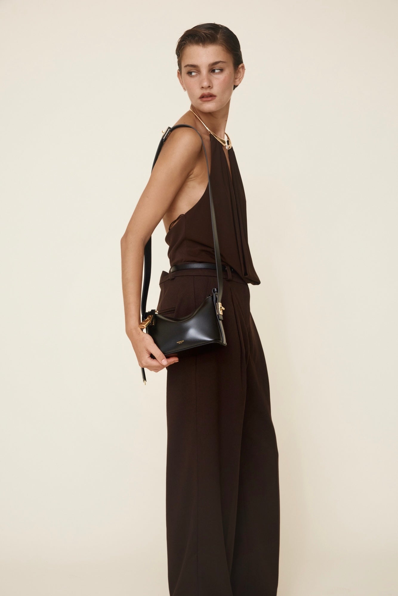 Chic Mini Black Leather Hobo Shoulder Bag with Gold Hardware, Versatile Style