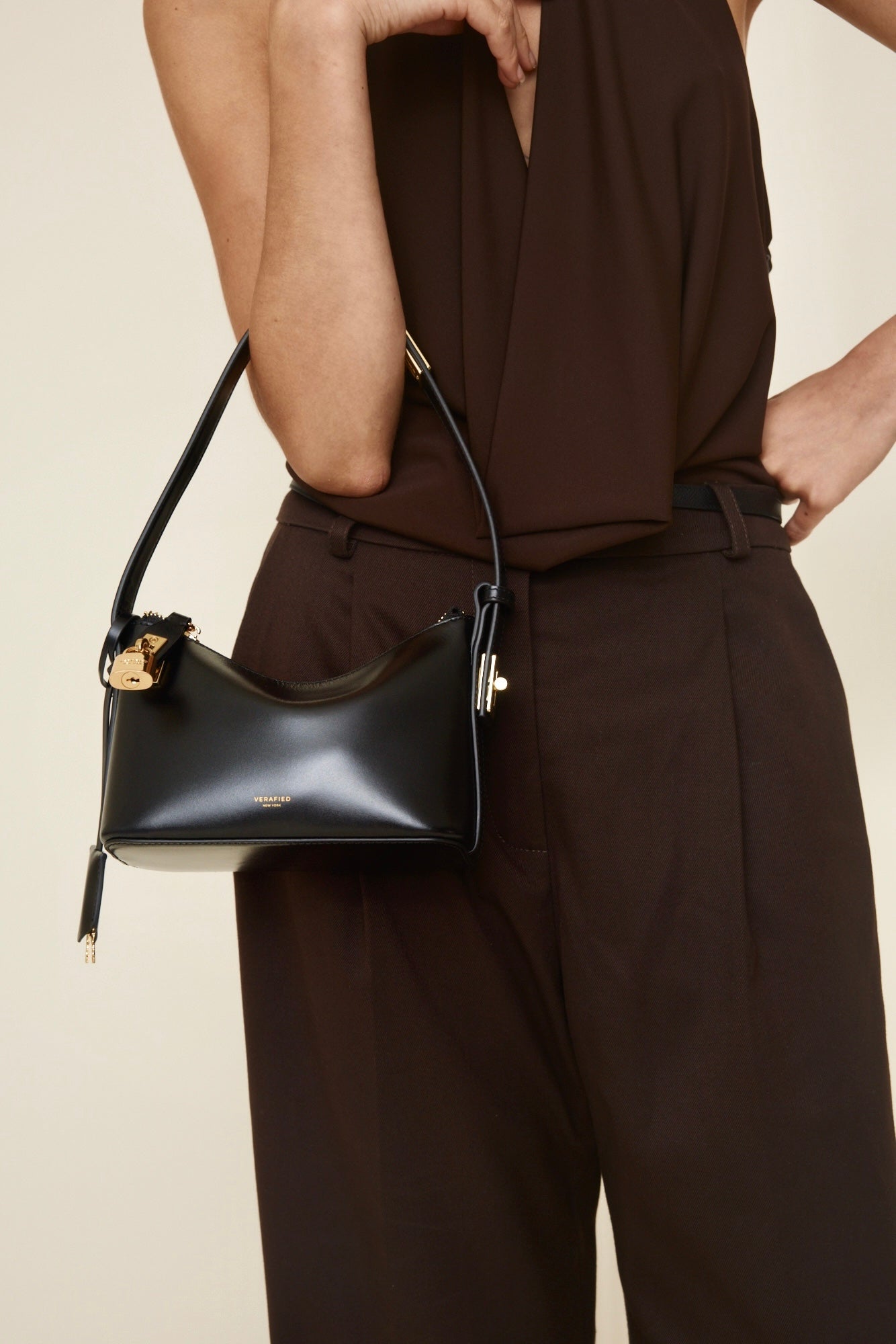 Chic Mini Black Leather Hobo Shoulder Bag with Gold Hardware, Versatile Style