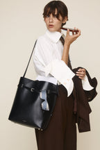 Chic Black Waxy Leather Belted Tote Bag, Versatile Shoulder Carry