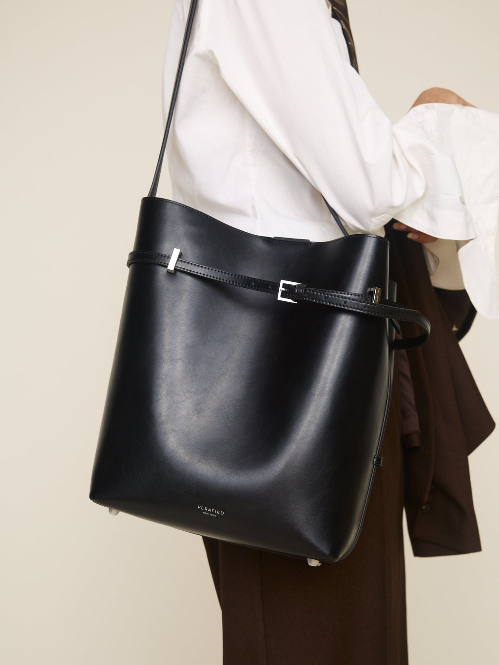 Chic Black Waxy Leather Belted Tote Bag, Versatile Shoulder Carry
