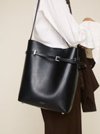 Chic Black Waxy Leather Belted Tote Bag, Versatile Shoulder Carry