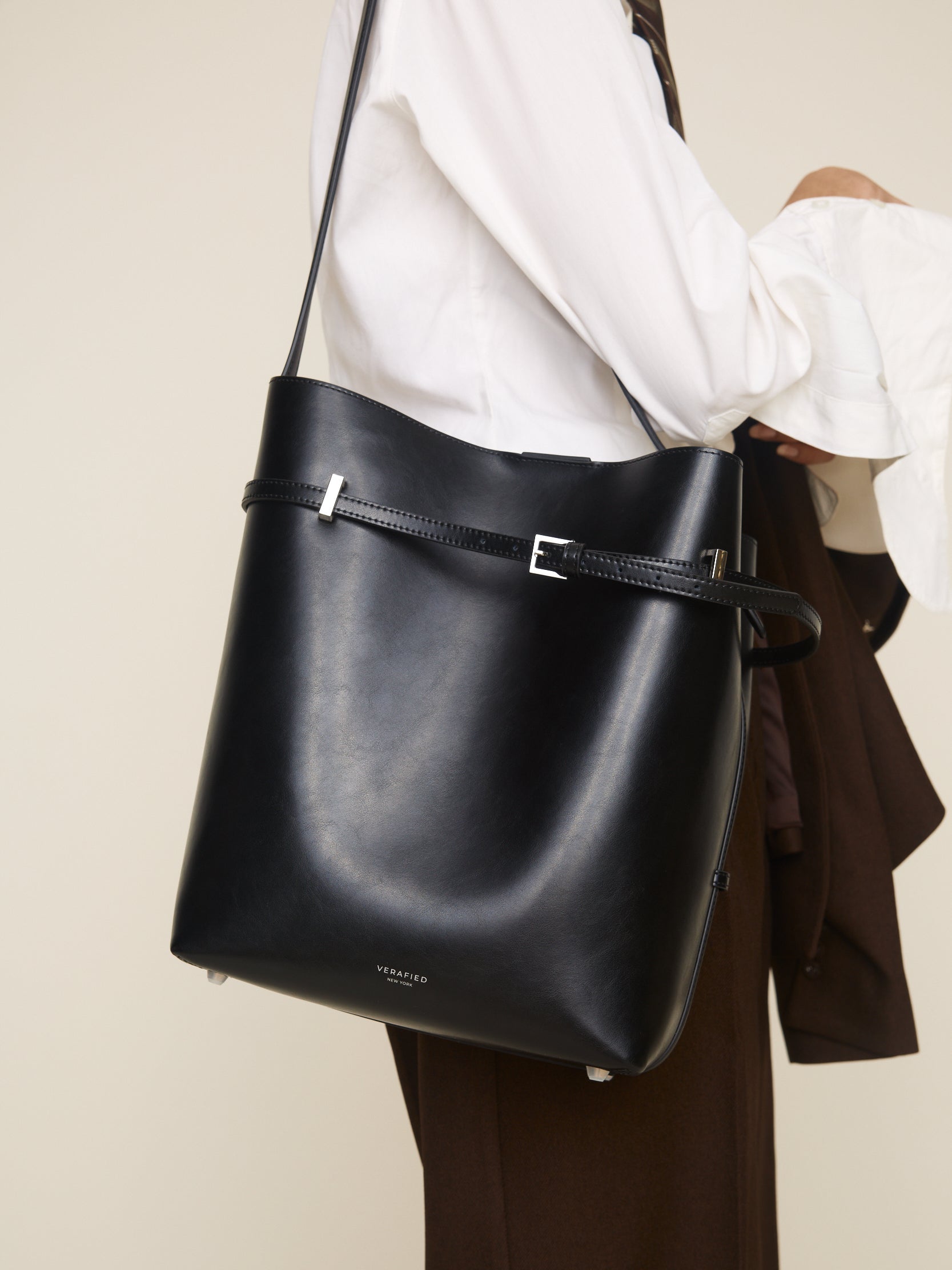Chic Black Waxy Leather Belted Tote Bag, Versatile Shoulder Carry
