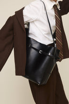 Chic Black Waxy Leather Belted Tote Bag, Versatile Shoulder Carry
