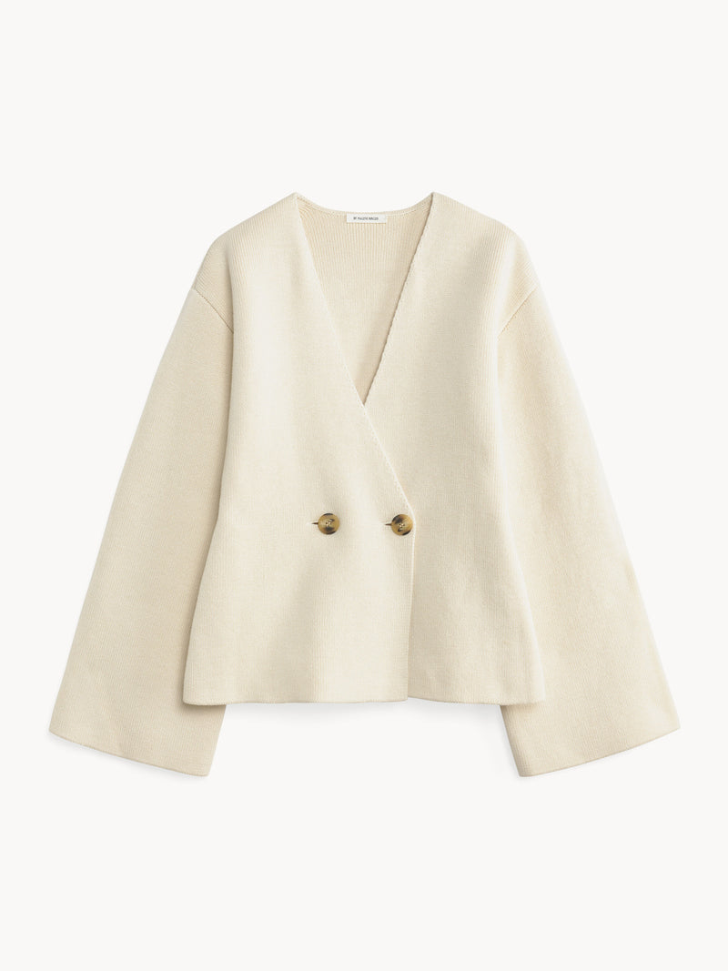 Elegant Wool-Blend Double-Breasted Cardigan with Dropped Shoulders and V-Neck