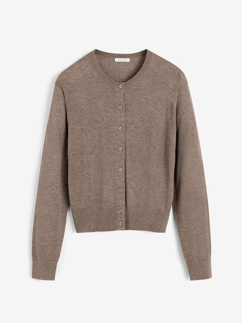 Luxurious Silk Wool Blend Montie Cardigan: Classic Round Neck Button-Front Knitwear