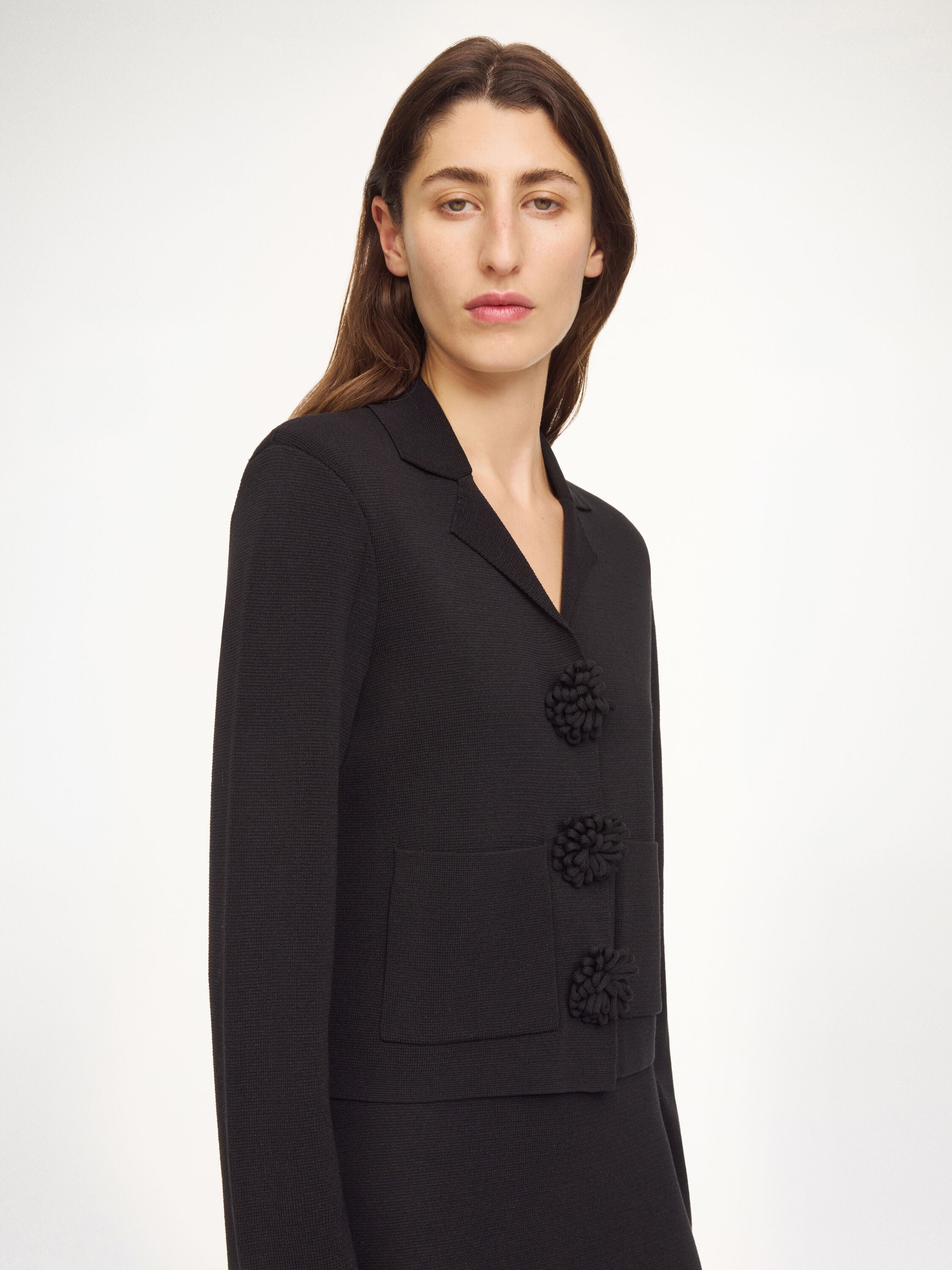 Chic Rosa Floral Appliqué Cropped Cardigan with Notched Lapels, ECOVERO™ Viscose