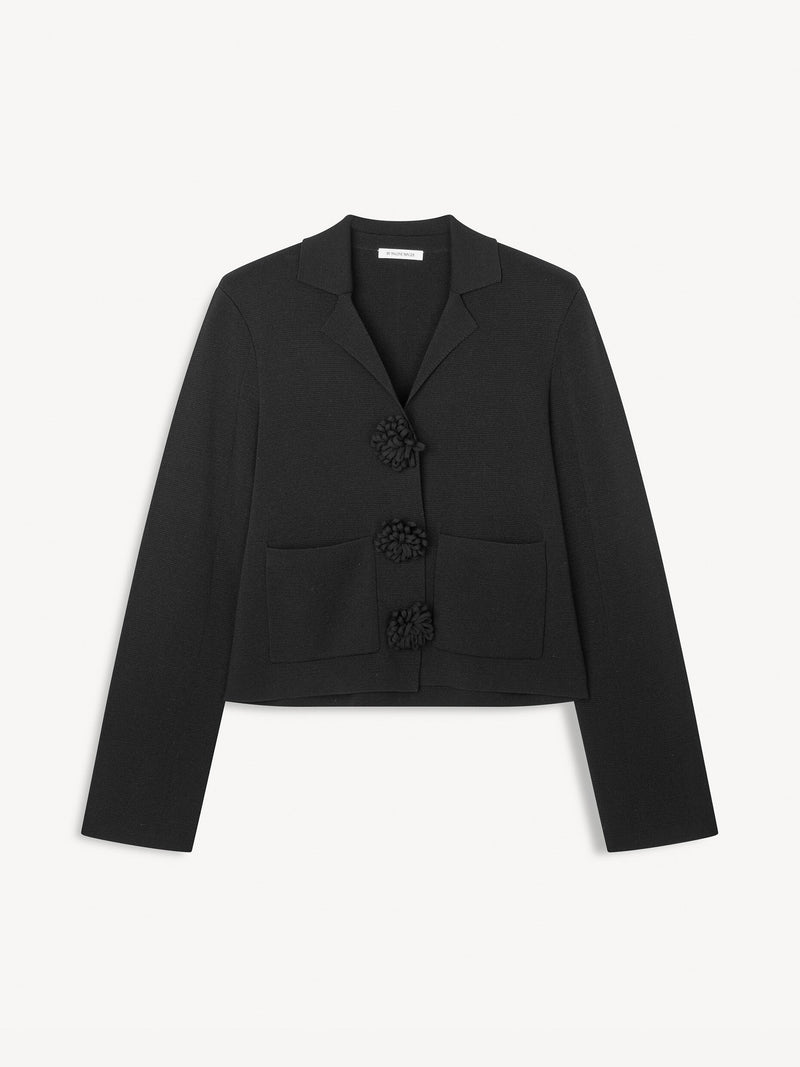 Chic Rosa Floral Appliqué Cropped Cardigan with Notched Lapels, ECOVERO™ Viscose