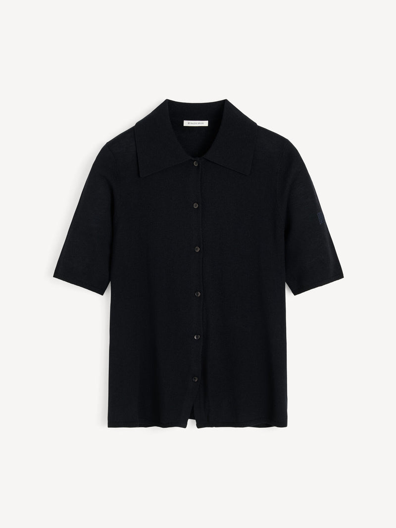 Luxurious Wool-Silk Dotta Polo Blouse with Embroidered Monogram and Sharp Collar