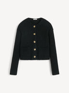 Chic Cierrou Ribbed Wool-Blend Cardigan with Statement Buttons – Perfect Layering Piece