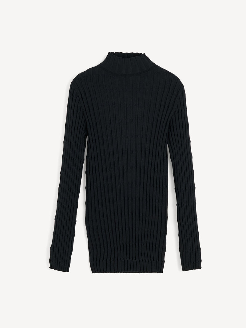 Inger Merino Wool Blend Ribbed Mock Neck Long Sleeve Fitted Versatile Sweater