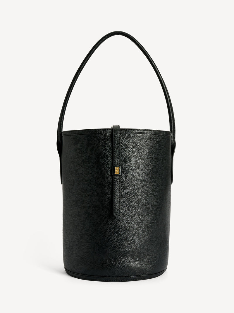 Spacious Maryllon Grainy Leather Bucket Bag with Shoulder Strap and Monogram