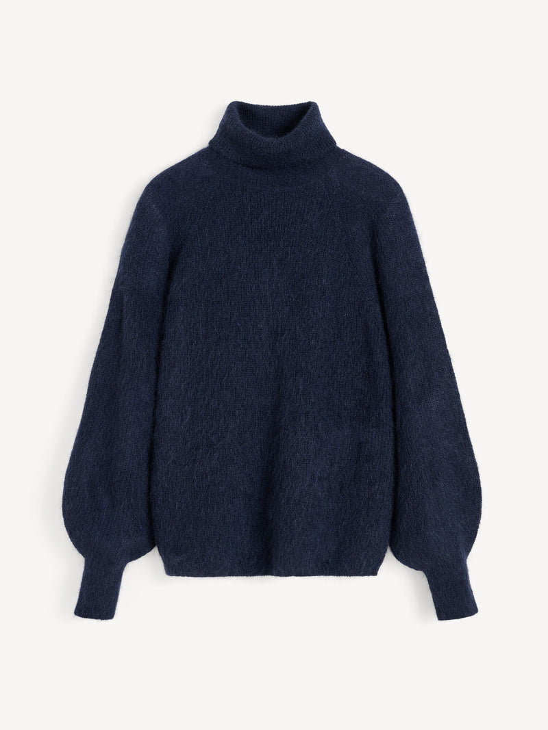 Luxurious Mohair Wool Blend Turtleneck Sweater with Billowing Sleeves