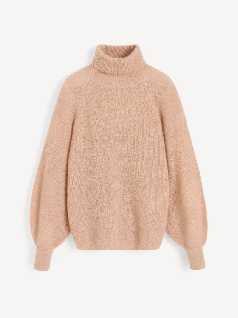 Luxurious Mohair Wool Blend Turtleneck Sweater with Billowing Bell Sleeves