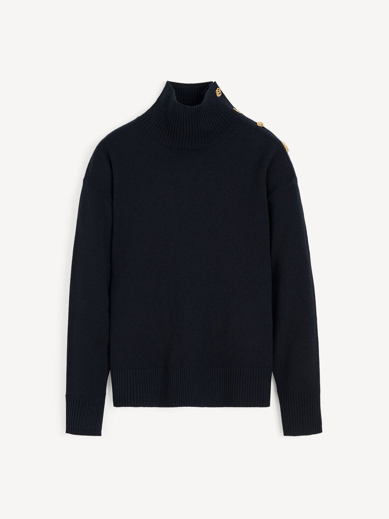 Luxurious By Malene Birger Vanille Pure Wool Turtleneck Sweater with Stylish Button Detail