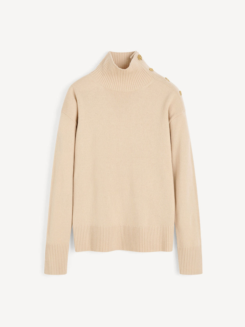 Luxurious Vanille Wool Turtleneck Sweater with Distinct Buttoned Shoulder Detail