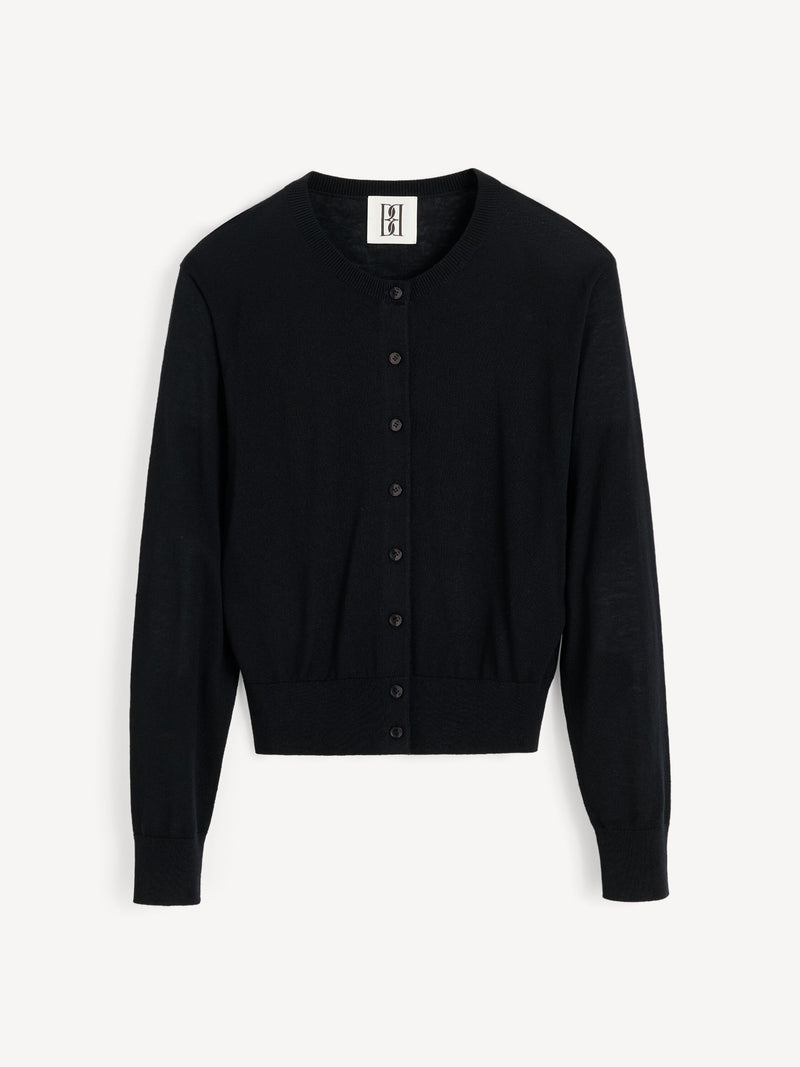 Luxurious Montie Silk Wool Blend Button-Front Cardigan with Rib Trim