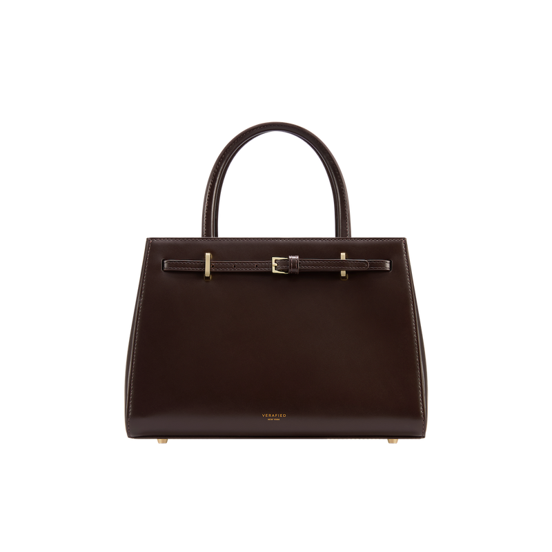 Elegant Chocolate Leather Book Tote Bag 25 with Detachable Crossbody Strap