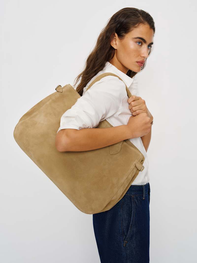 Reformation Oversized Patrizia Suede Bowling Bag with Magnetic Closure