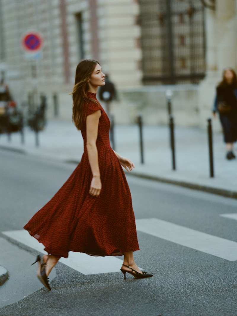 Elegant Maven Cap Sleeve Maxi Dress: Mock Neck, Drop Waist, Pleated Skirt