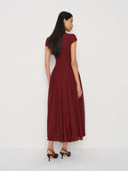Elegant Maven Cap Sleeve Maxi Dress: Mock Neck, Drop Waist, Pleated Skirt