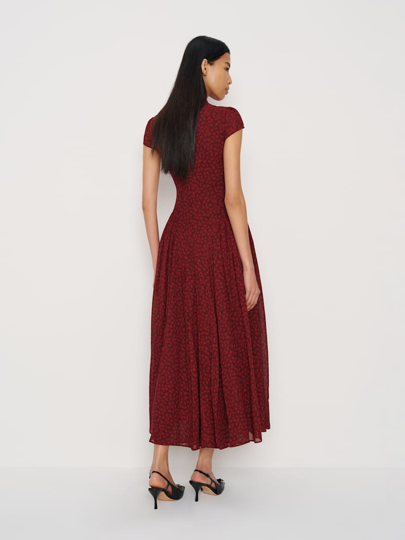Elegant Maven Cap Sleeve Maxi Dress: Mock Neck, Drop Waist, Pleated Skirt