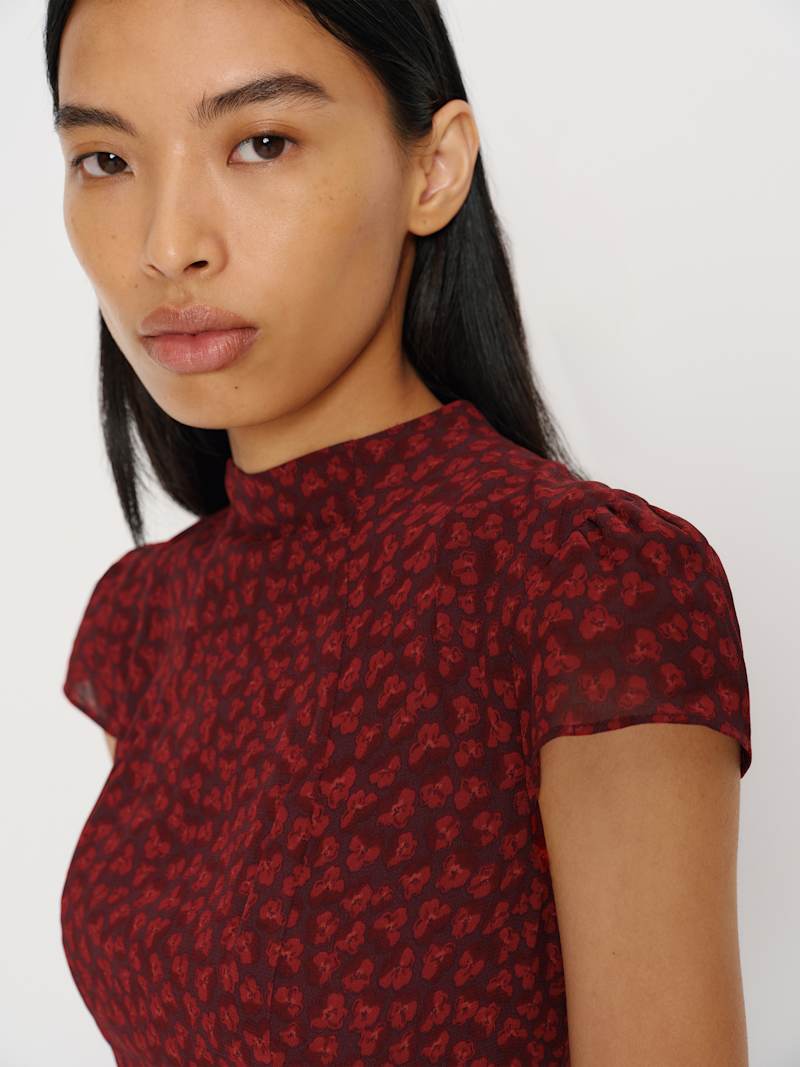 Elegant Maven Cap Sleeve Maxi Dress: Mock Neck, Drop Waist, Pleated Skirt