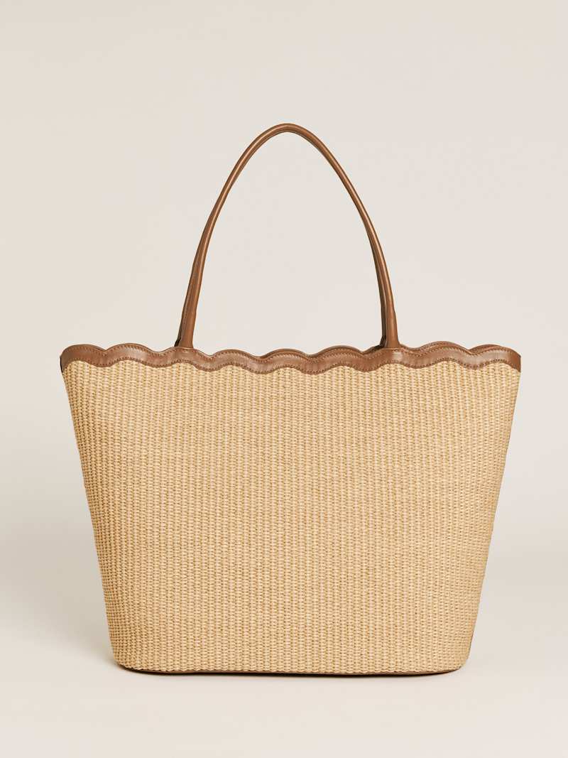 Isabella Oversized Natural Raffia Scalloped Trim Tote Bag with Laptop Capacity