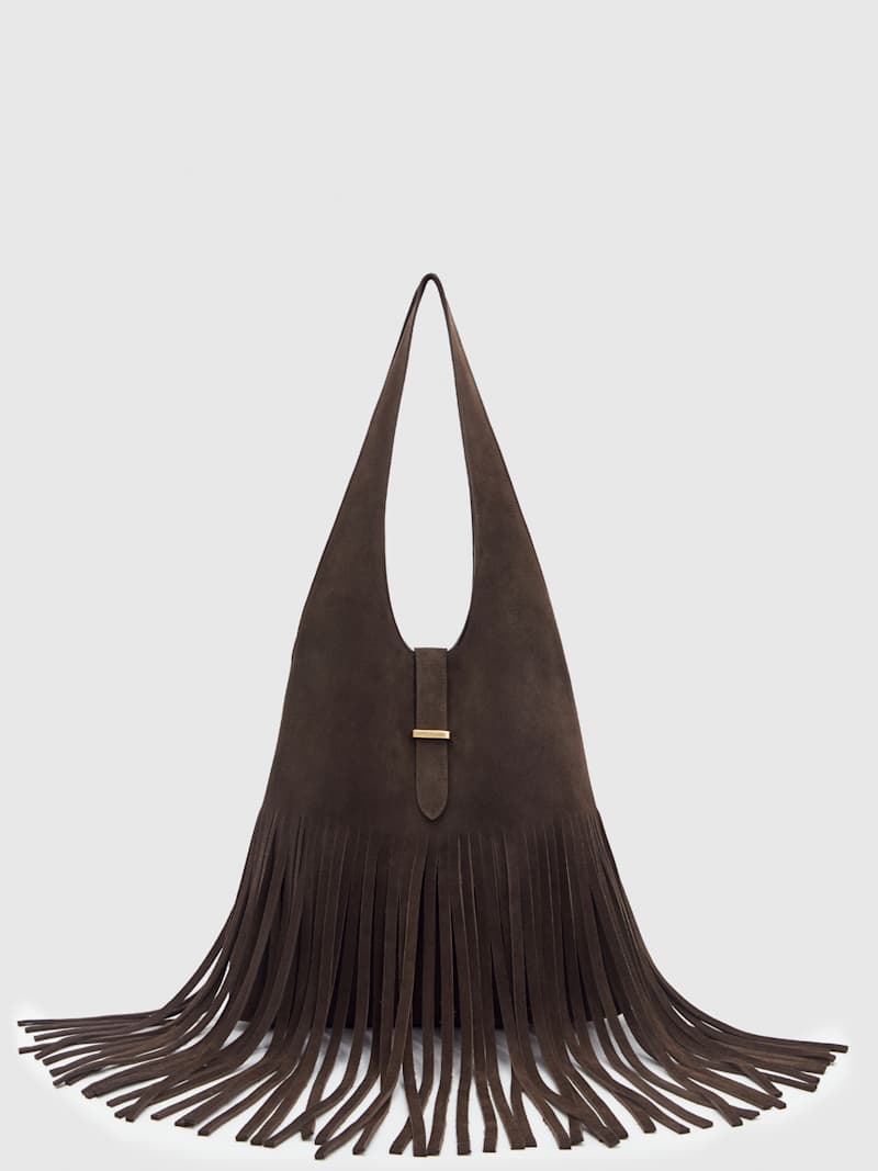 Chic Suede Ivy Tote Bag with Buckle and Fringe Detail, Spacious & Sustainable