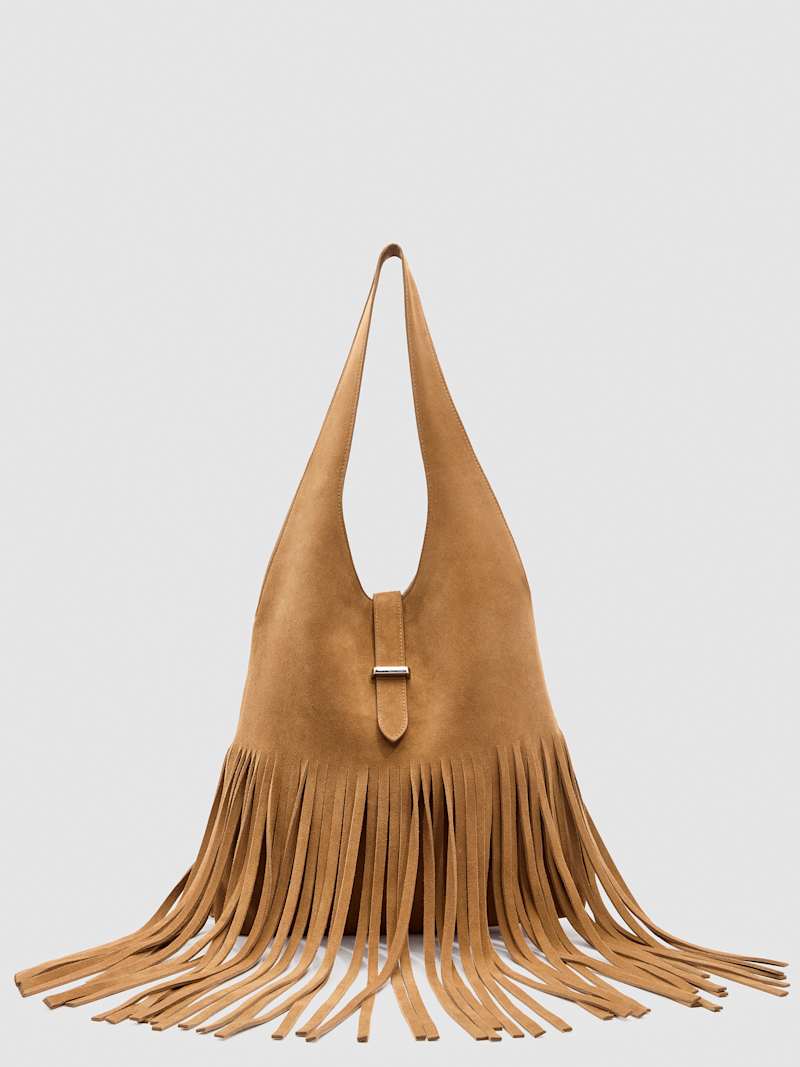 Premium Suede Ivy Tote Bag with Chic Fringe and Buckle, Italian Crafted