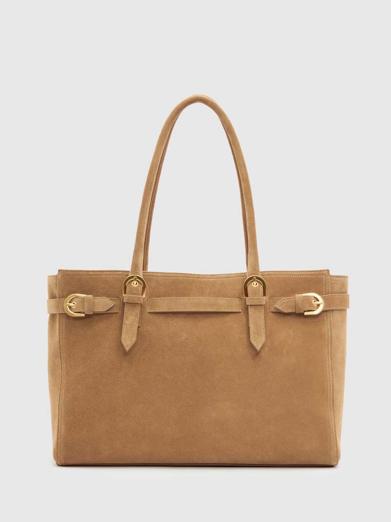 Chic Suede Tote Bag: Laptop-Friendly, Buckle Details, Secure Zipper, Sustainable