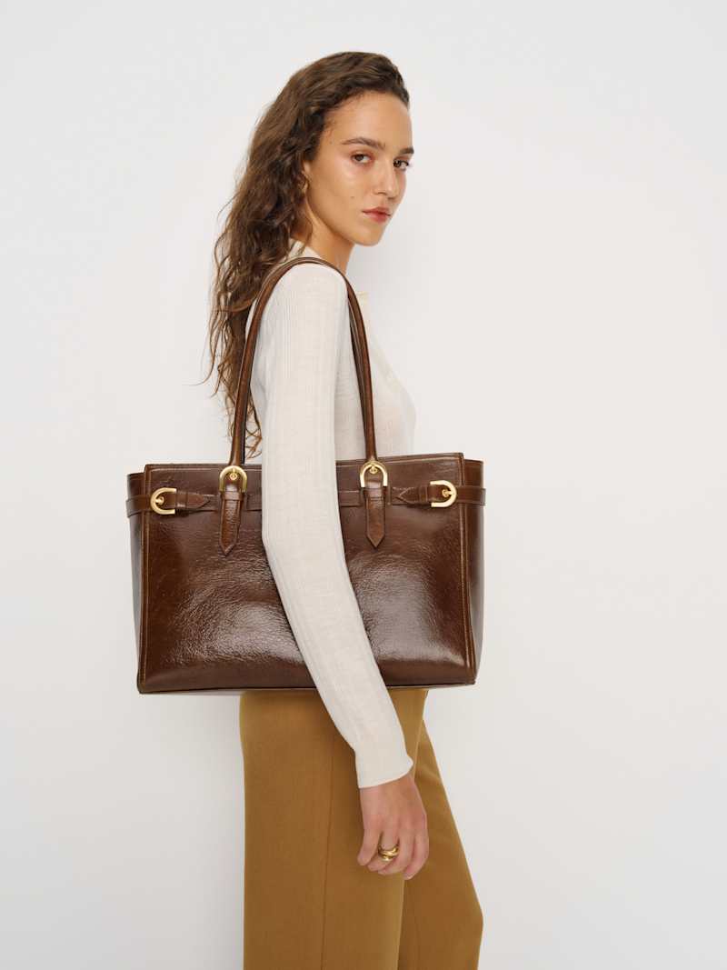 Chic Beatrice Tote: Sustainable Leather, Zipper Closure, Buckle Charm, Everyday Essential