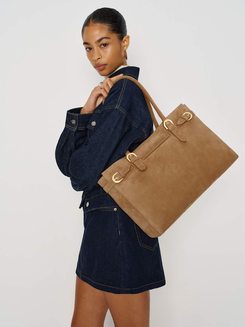Chic Suede Tote Bag: Laptop-Friendly, Buckle Details, Secure Zipper, Sustainable