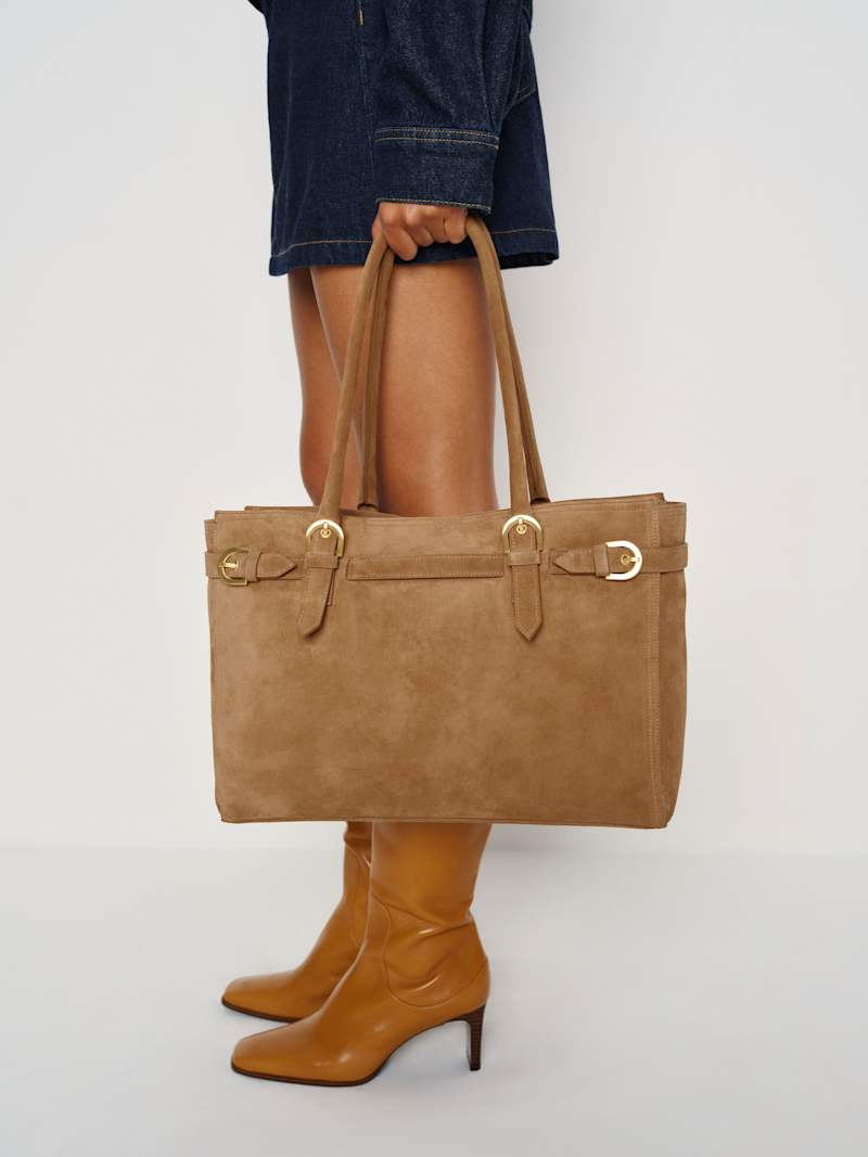 Chic Suede Tote Bag: Laptop-Friendly, Buckle Details, Secure Zipper, Sustainable