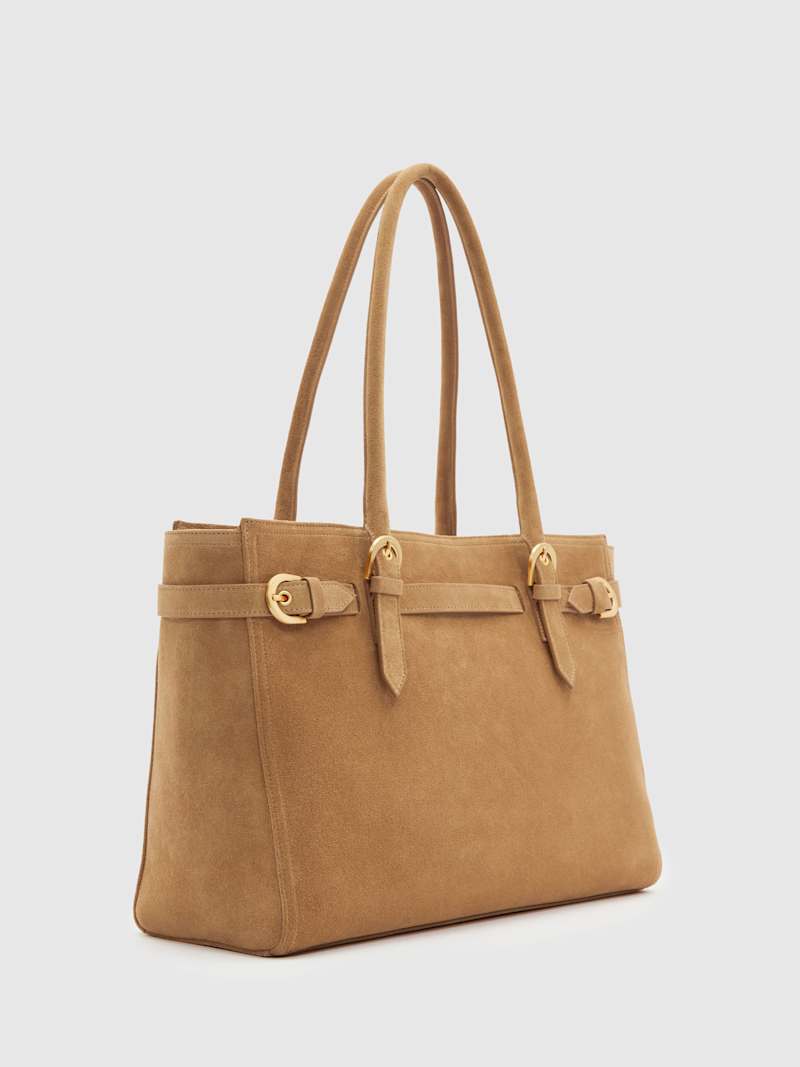 Chic Suede Tote Bag: Laptop-Friendly, Buckle Details, Secure Zipper, Sustainable
