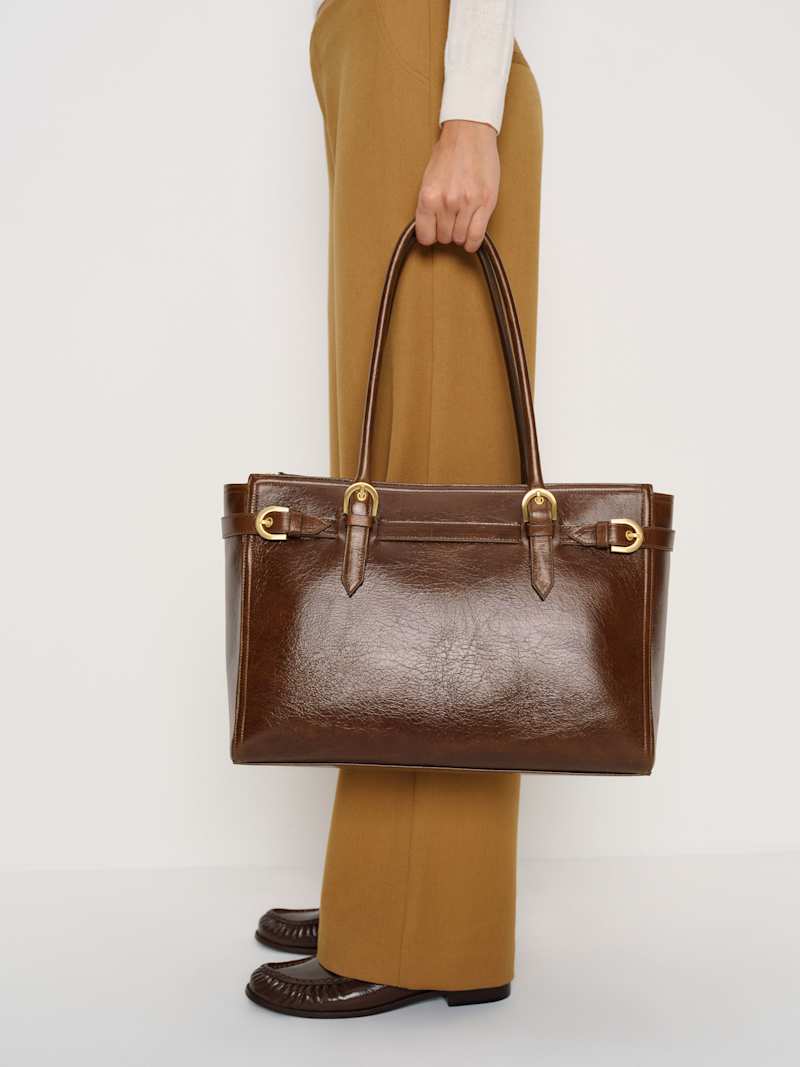 Chic Beatrice Tote: Sustainable Leather, Zipper Closure, Buckle Charm, Everyday Essential