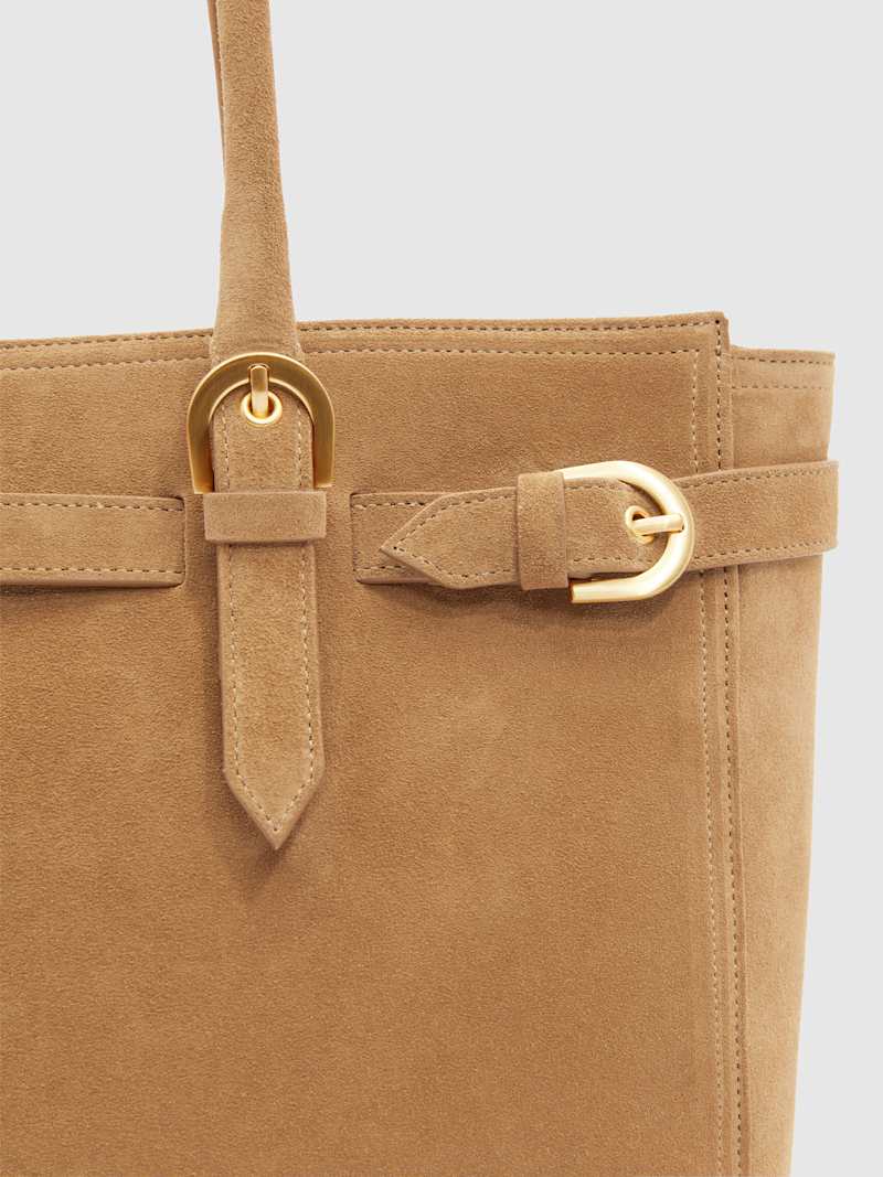 Chic Suede Tote Bag: Laptop-Friendly, Buckle Details, Secure Zipper, Sustainable