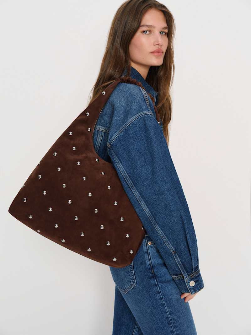 Reformation Willow Tote Bag: Chic Ruched Suede, Spacious Everyday Carryall with Zipper