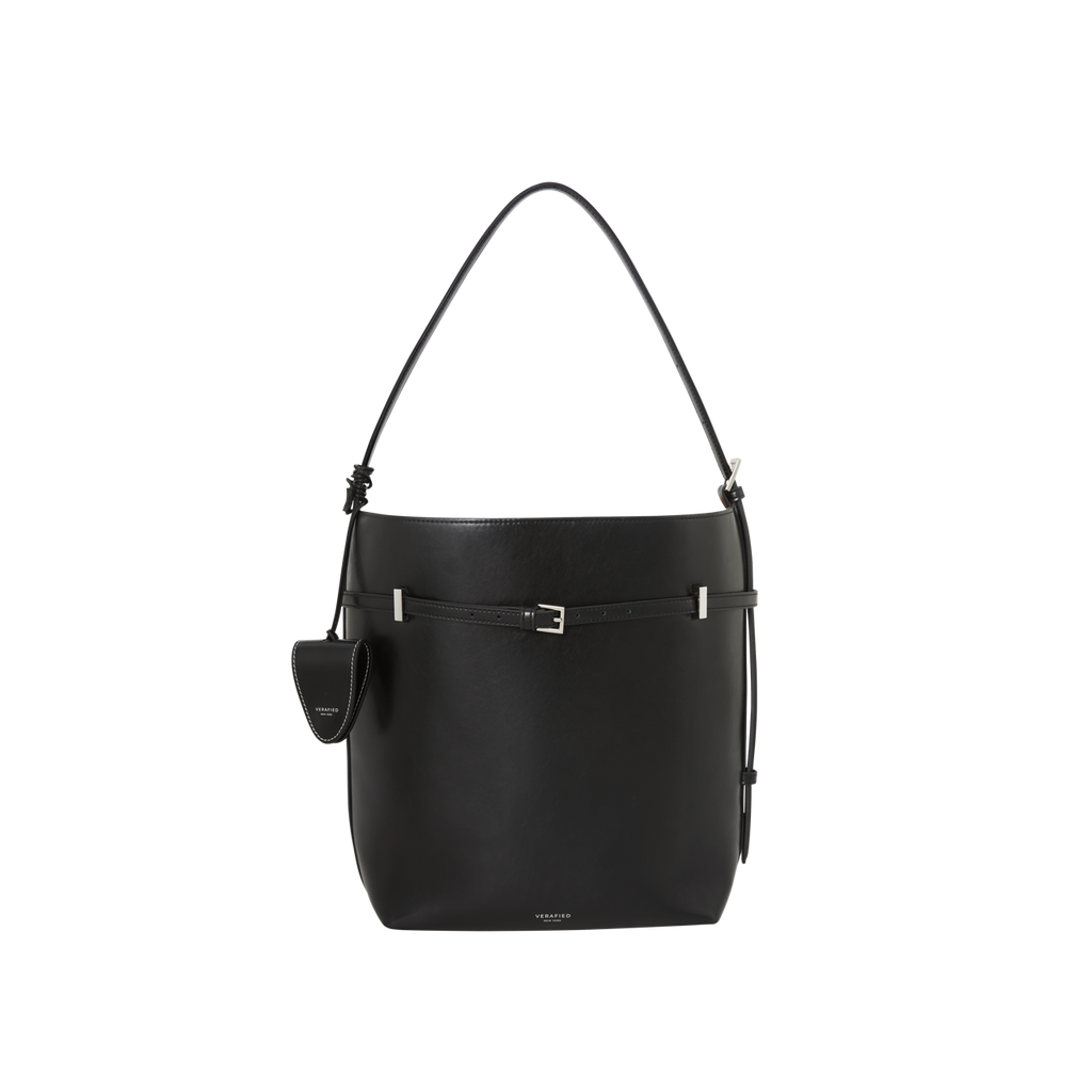 Chic Black Waxy Leather Belted Tote Bag, Versatile Shoulder Carry