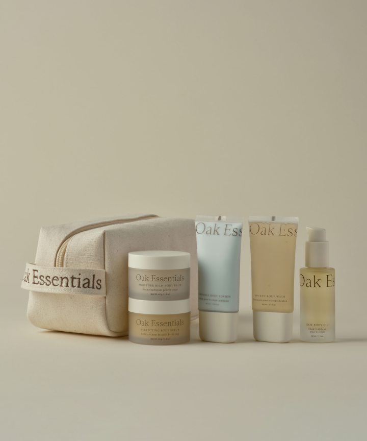 Oak Essentials Travel Body Skincare Routine Kit: TSA-Approved Minis, Luxe Linen Bag