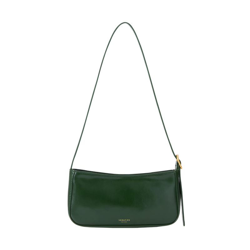 Petite Genuine Green Leather Shoulder Bag with Gold-Tone Zipper Hardware